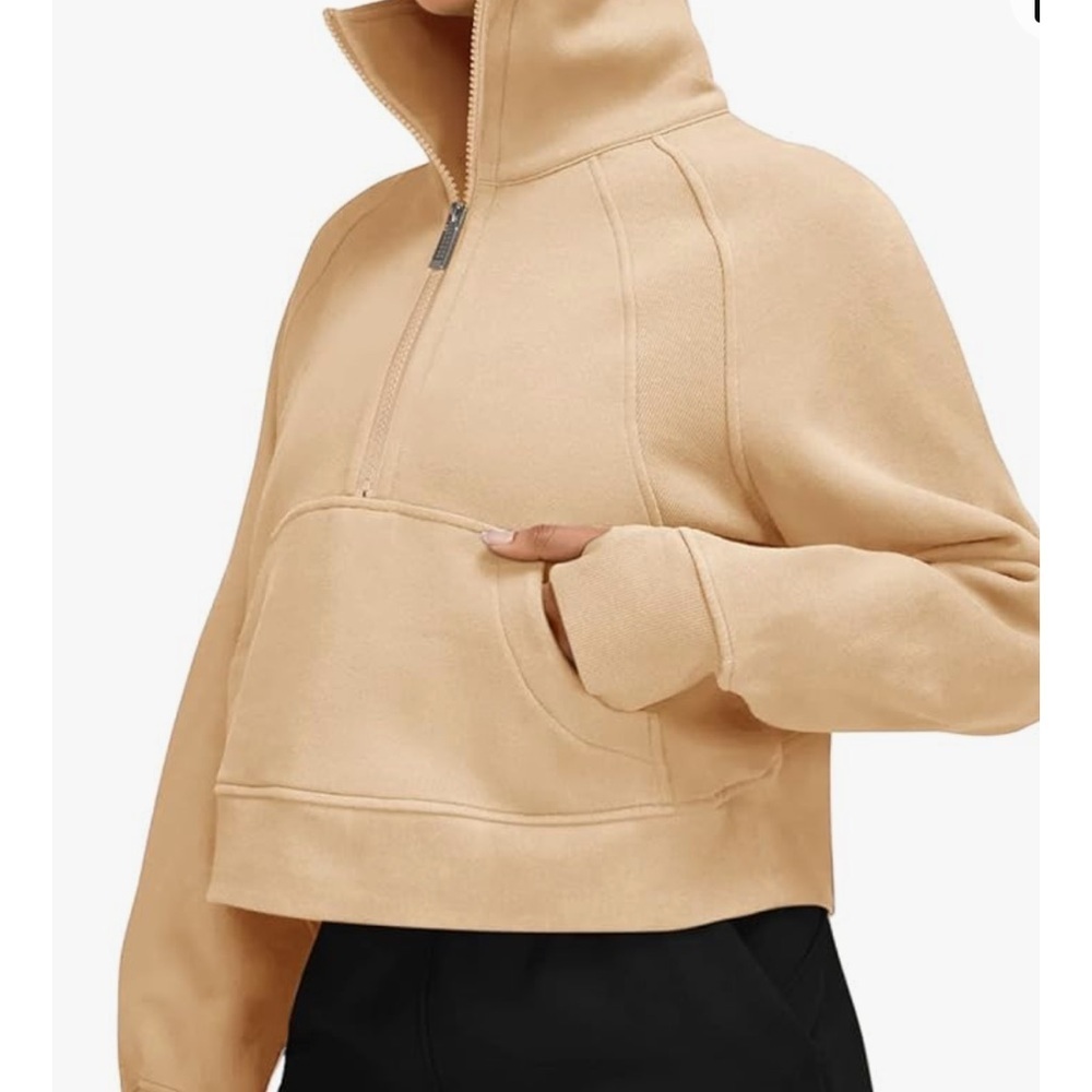 Women’s scuba fleece half zip cropped sweatshirt pull over khaki color Small